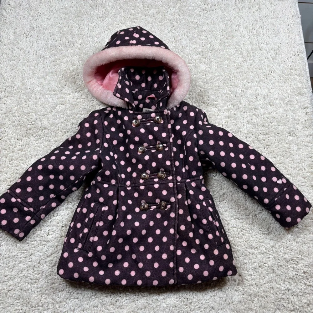 OshKosh B'gosh Girls Size 5 Polka‎ Dot Hooded Fleece Coat Jacket Pink Brown